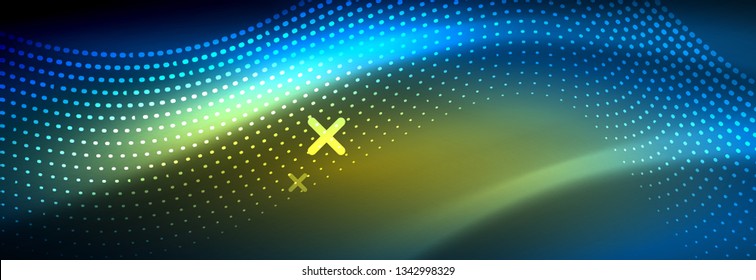 Glowing abstract wave on dark, shiny motion, magic space light. Vector techno abstract background design