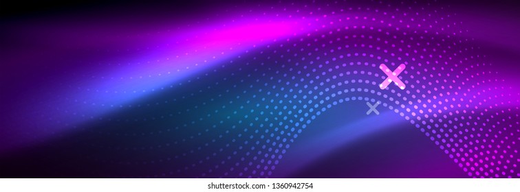 Glowing abstract wave on dark, shiny motion, magic space light. Vector techno abstract background design