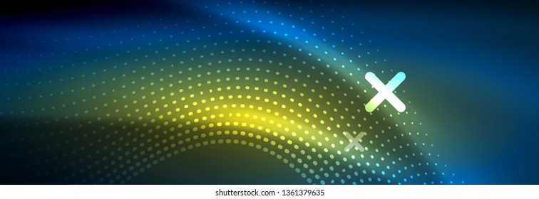 Glowing abstract wave on dark, shiny motion, magic space light. Vector techno abstract background design