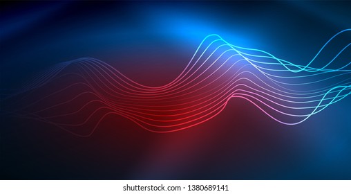 Glowing abstract wave on dark, shiny motion, magic space light. Vector techno abstract background, blue color