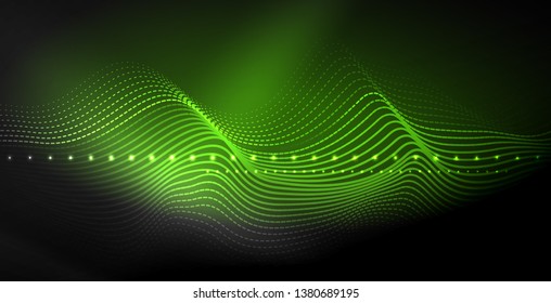 Glowing abstract wave on dark, shiny motion, magic space light. Vector techno abstract background