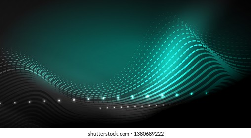 Glowing abstract wave on dark, shiny motion, magic space light. Vector techno abstract background