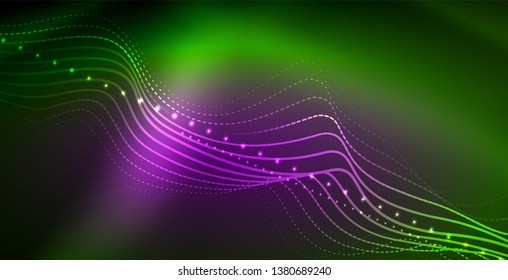Ola abstracta brillante en movimiento oscuro y brillante, luz espacial mágica. Fondo abstracto Vector Techno
