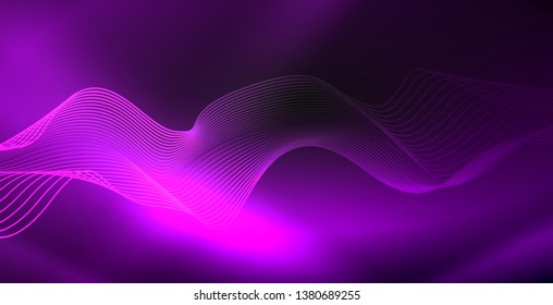 Glowing abstract wave on dark, shiny motion, magic space light. Vector techno abstract background