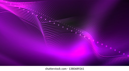 Glowing abstract wave on dark, shiny motion, magic space light. Vector techno abstract background