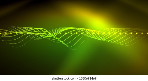Glowing abstract wave on dark, shiny motion, magic space light. Vector techno abstract background