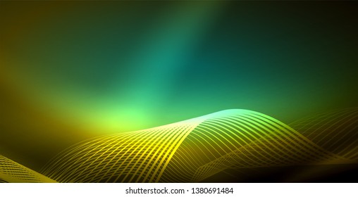 Glowing abstract wave on dark, shiny motion, magic space light. Vector techno abstract background