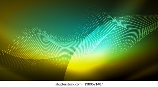 Ola abstracta brillante en movimiento oscuro y brillante, luz espacial mágica. Fondo abstracto Vector Techno
