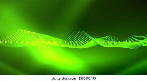 Glowing abstract wave on dark, shiny motion, magic space light. Vector techno abstract background