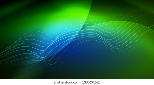 Glowing abstract wave on dark, shiny motion, magic space light. Vector techno abstract background