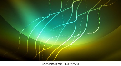 Glowing abstract wave on dark, shiny motion, magic space light. Vector techno abstract background