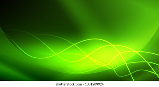 Glowing abstract wave on dark, shiny motion, magic space light. Vector techno abstract background