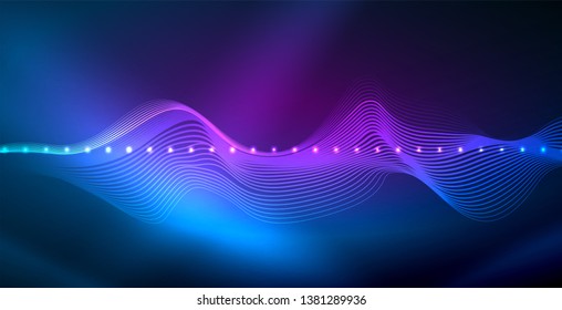 Glowing abstract wave on dark, shiny motion, magic space light. Vector techno abstract background, blue color