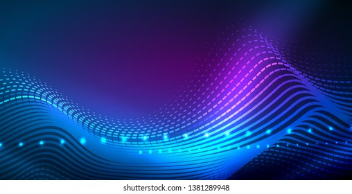 Glowing abstract wave on dark, shiny motion, magic space light. Vector techno abstract background, blue color