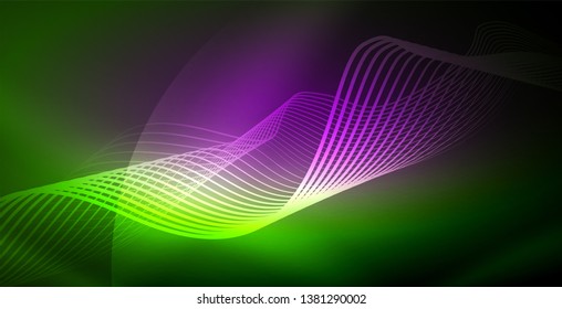 Glowing abstract wave on dark, shiny motion, magic space light. Vector techno abstract background