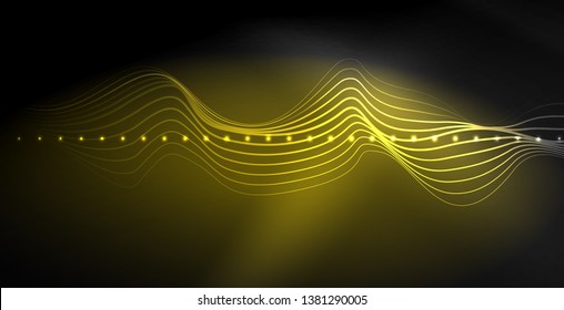 Glowing abstract wave on dark, shiny motion, magic space light. Vector techno abstract background