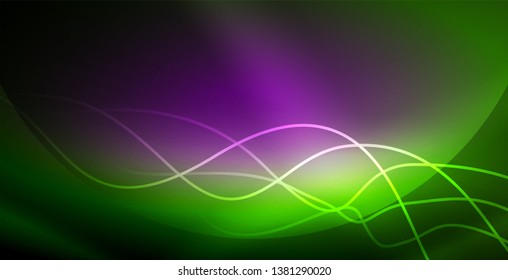 Glowing abstract wave on dark, shiny motion, magic space light. Vector techno abstract background