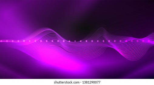 Glowing abstract wave on dark, shiny motion, magic space light. Vector techno abstract background