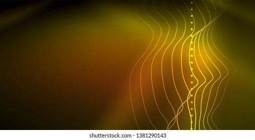 Glowing abstract wave on dark, shiny motion, magic space light. Vector techno abstract background