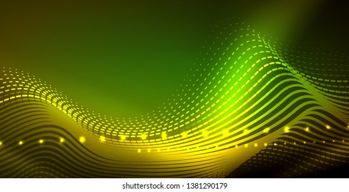Glowing abstract wave on dark, shiny motion, magic space light. Vector techno abstract background