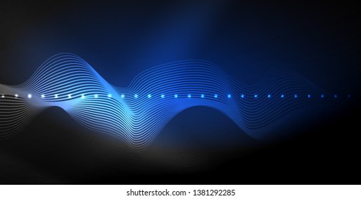 Glowing abstract wave on dark, shiny motion, magic space light. Vector techno abstract background
