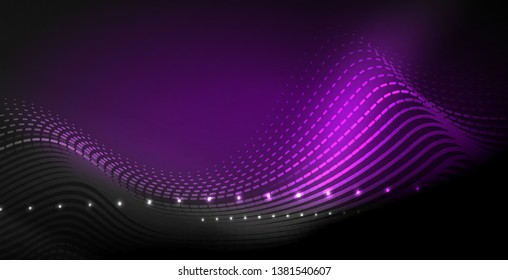Glowing abstract wave on dark, shiny motion, magic space light. Vector techno abstract background