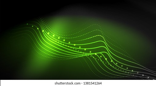 Glowing abstract wave on dark, shiny motion, magic space light. Vector techno abstract background