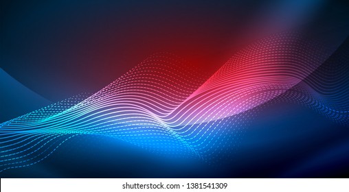 Glühende abstrakte Welle auf dunkler, glänzender Bewegung, zauberhaftes Raumlicht. Abstrakter Vektor-Techno-Hintergrund, blaue Farbe