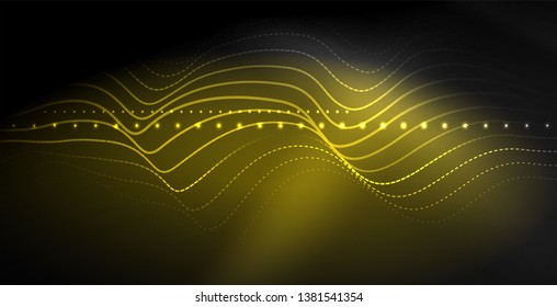 Glowing abstract wave on dark, shiny motion, magic space light. Vector techno abstract background