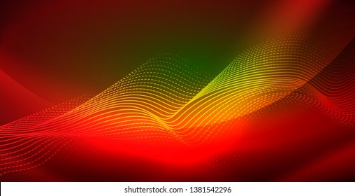 Glowing abstract wave on dark, shiny motion, magic space light. Vector techno abstract background