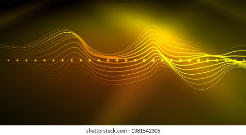 Glowing abstract wave on dark, shiny motion, magic space light. Vector techno abstract background