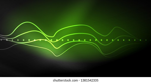 Glowing abstract wave on dark, shiny motion, magic space light. Vector techno abstract background