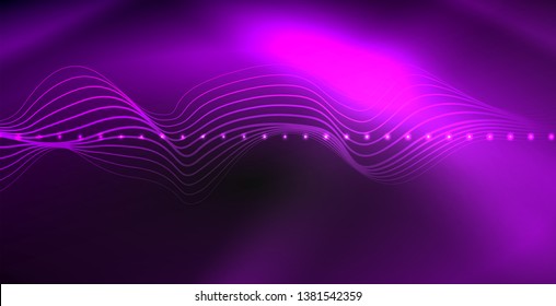 Glowing abstract wave on dark, shiny motion, magic space light. Vector techno abstract background