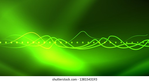 Glowing abstract wave on dark, shiny motion, magic space light. Vector techno abstract background