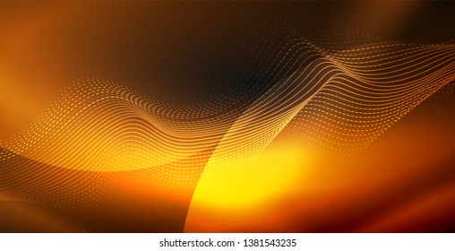 Glowing abstract wave on dark, shiny motion, magic space light. Vector techno abstract background
