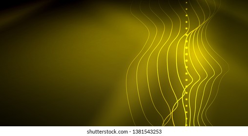 Glowing abstract wave on dark, shiny motion, magic space light. Vector techno abstract background