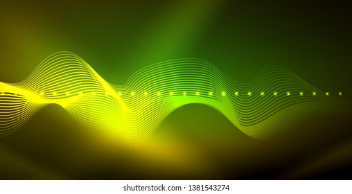 Glowing abstract wave on dark, shiny motion, magic space light. Vector techno abstract background