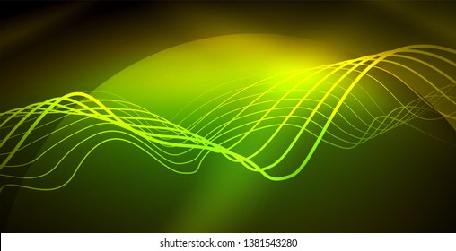 Glowing abstract wave on dark, shiny motion, magic space light. Vector techno abstract background