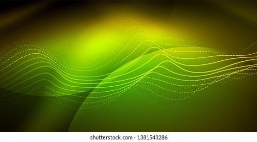 Glowing abstract wave on dark, shiny motion, magic space light. Vector techno abstract background