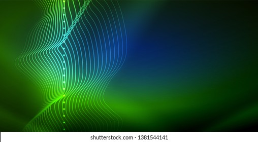 Glowing abstract wave on dark, shiny motion, magic space light. Vector techno abstract background