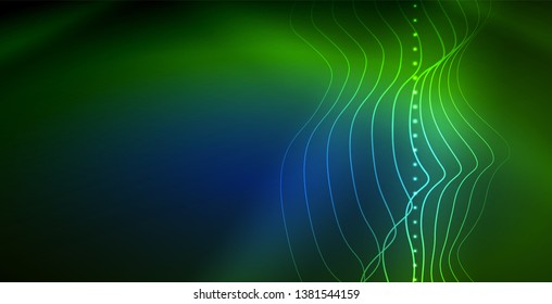 Ola abstracta brillante en movimiento oscuro y brillante, luz espacial mágica. Fondo abstracto Vector Techno