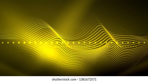 Glowing abstract wave on dark, shiny motion, magic space light. Vector techno abstract background