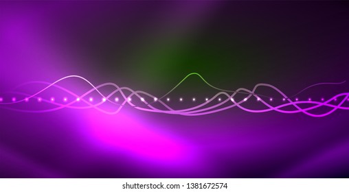 Glowing abstract wave on dark, shiny motion, magic space light. Vector techno abstract background