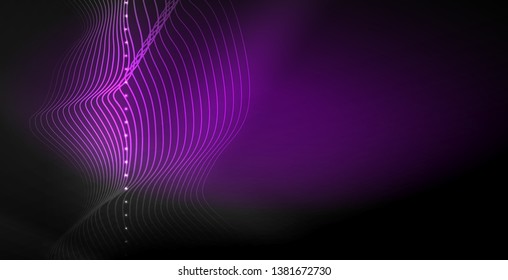 Glowing abstract wave on dark, shiny motion, magic space light. Vector techno abstract background