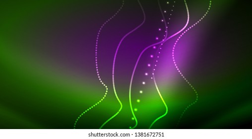 Glowing abstract wave on dark, shiny motion, magic space light. Vector techno abstract background