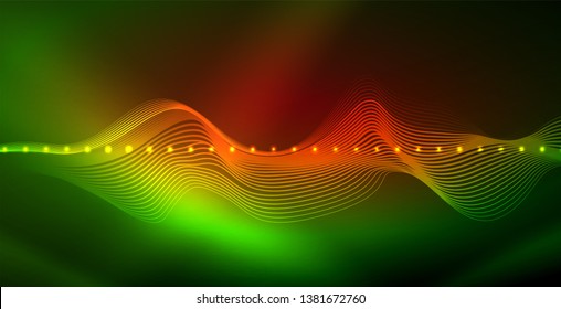 Glowing abstract wave on dark, shiny motion, magic space light. Vector techno abstract background