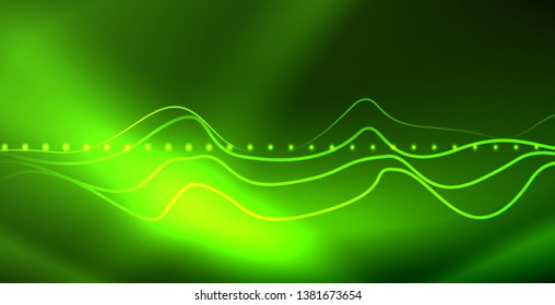 Ola abstracta brillante en movimiento oscuro y brillante, luz espacial mágica. Fondo abstracto Vector Techno