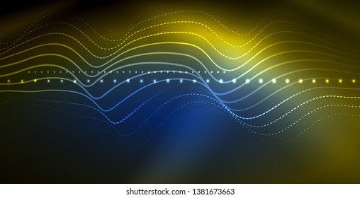 Glowing abstract wave on dark, shiny motion, magic space light. Vector techno abstract background