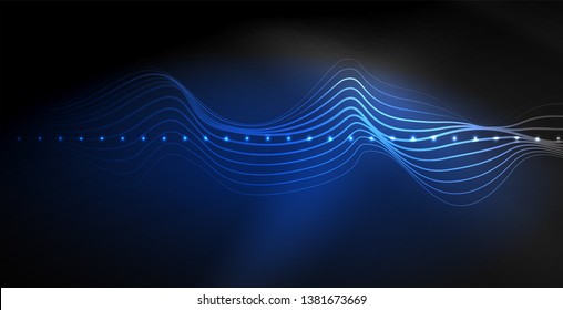 Glowing abstract wave on dark, shiny motion, magic space light. Vector techno abstract background