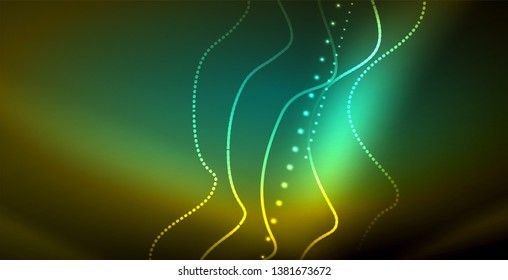 Ola abstracta brillante en movimiento oscuro y brillante, luz espacial mágica. Fondo abstracto Vector Techno